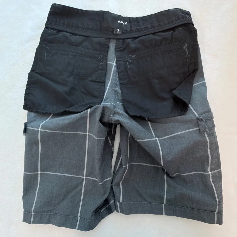 Hurley Cargo Shorts Boys Size 8 Grey Excellent Windowpane Plaid Skater 1272-G36